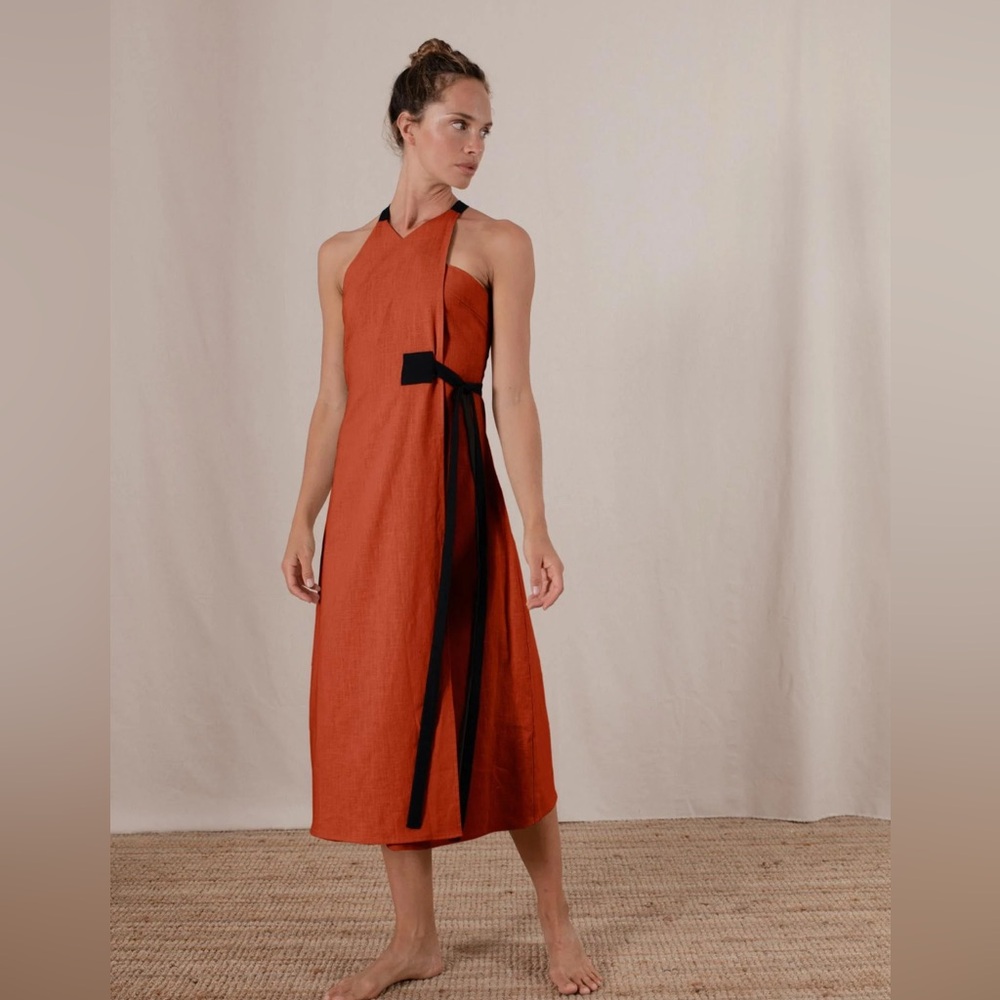 Tie-Waist Halter Midi Dress in Burnt Orange with Black Tie